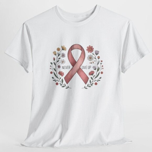 Tops - Floral Graphic Breast Cancer Shirt, Never Give Up Tee, Survivor Support Shirt